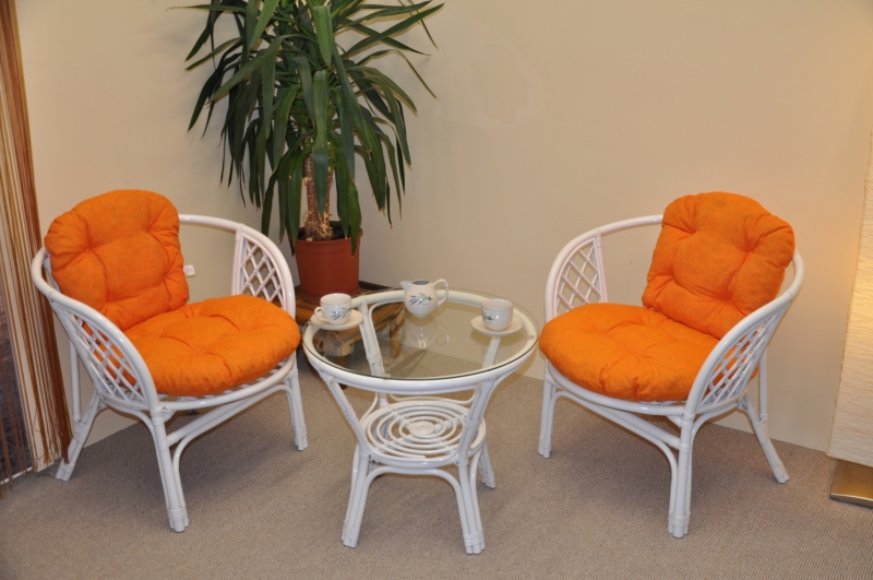 Ratanová sedací souprava Bahama bílá 2+1, polstry oranžový melír SLEVA 6 % | RYCHLÉ DODÁNÍ